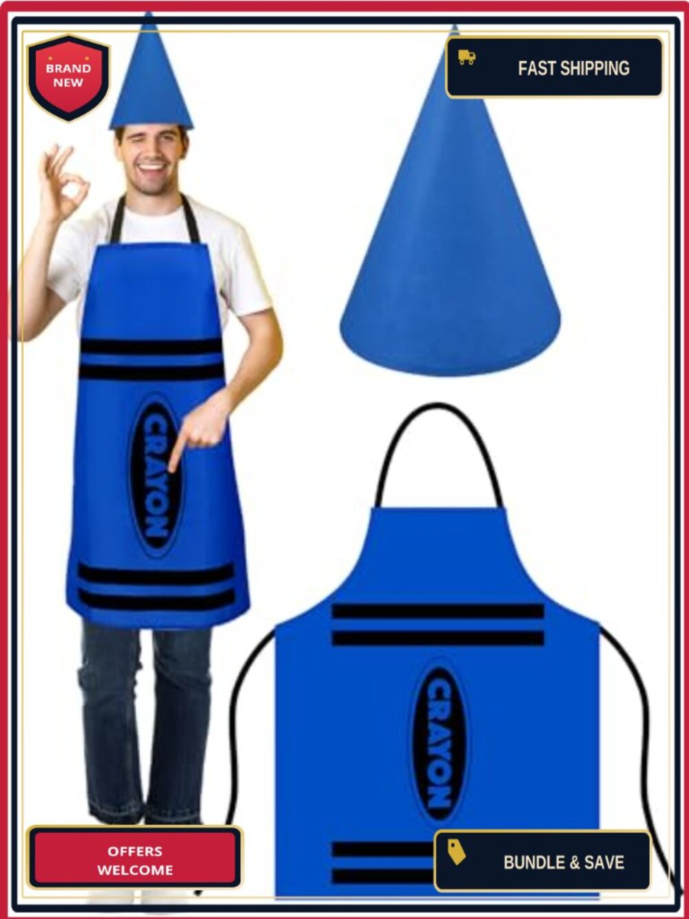 Crayon Costume Set Apron & Cone Hat Adult Felt Fiber Cotton One Size